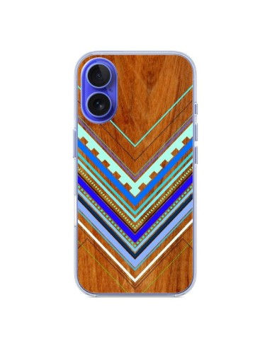 Coque iPhone 16 Azteque Arbutus Blue Bois Aztec Tribal - Jenny Mhairi