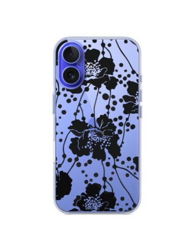 Coque iPhone 16 Fleurs Noirs Flower Transparente - Dricia Do