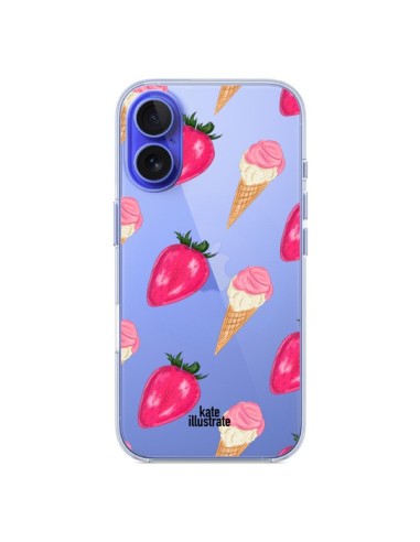 Coque iPhone 16 Strawberry Ice Cream Fraise Glace Transparente - kateillustrate