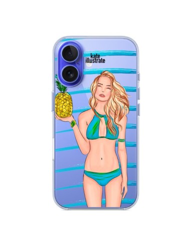 Coque iPhone 16 Malibu Ananas Plage Ete Bleu Transparente - kateillustrate