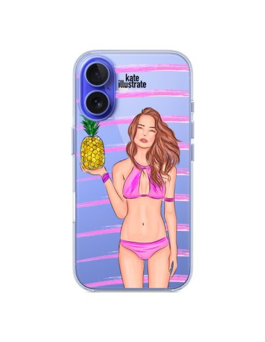 Coque iPhone 16 Malibu Ananas Plage Ete Rose Transparente - kateillustrate