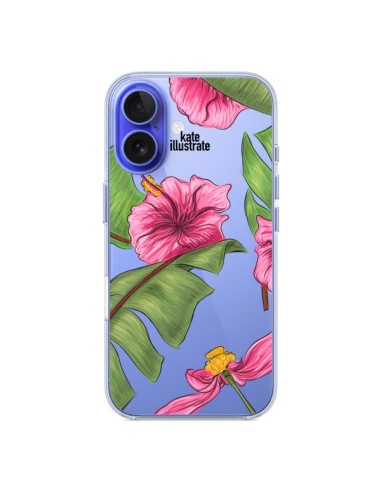 Coque iPhone 16 Tropical Leaves Fleurs Feuilles Transparente - kateillustrate