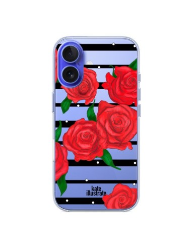 Coque iPhone 16 Red Roses Rouge Fleurs Flowers Transparente - kateillustrate