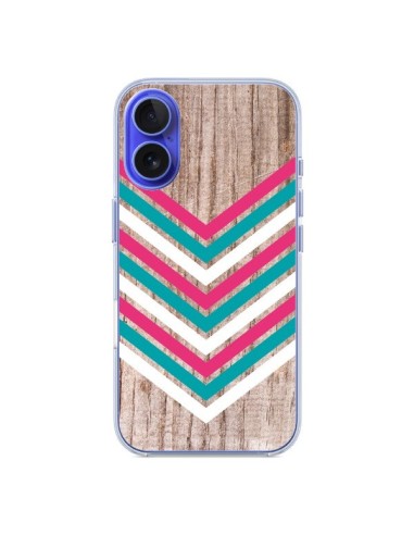 Coque iPhone 16 Tribal Aztèque Bois Wood Flèche Rose Bleu - Laetitia