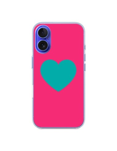 Coque iPhone 16 Coeur Bleu Fond Rose - Laetitia