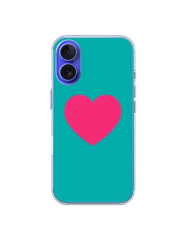 Coque iPhone 16 Coeur Rose Fond Bleu  - Laetitia