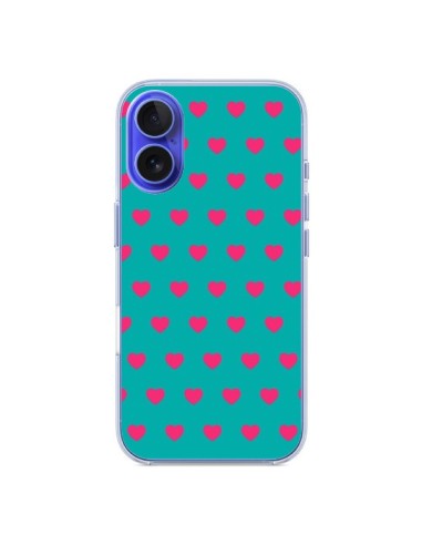 Coque iPhone 16 Coeurs Roses Fond Bleu - Laetitia