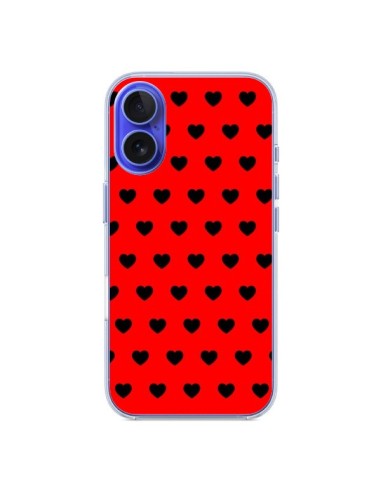 Coque iPhone 16 Coeurs Noirs Fond Rouge - Laetitia