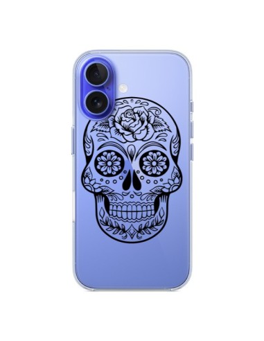 Coque iPhone 16 Tête de Mort Mexicaine Noir Transparente - Laetitia