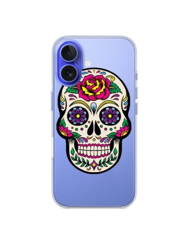 Coque iPhone 16 Tête de Mort Mexicaine Fleurs Transparente - Laetitia