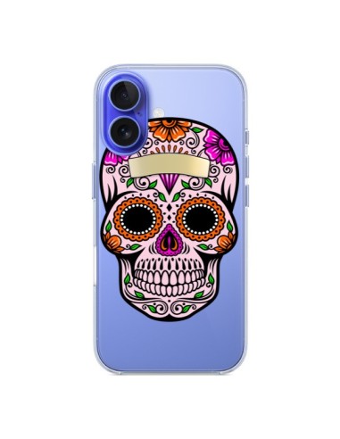 Coque iPhone 16 Tête de Mort Mexicaine Noir Rose Transparente - Laetitia