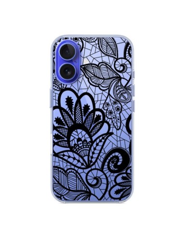 Coque iPhone 16 Lace Fleur Flower Noir Transparente - Petit Griffin