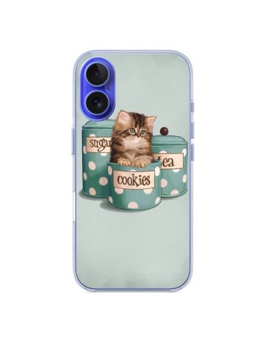 Coque iPhone 16 Chaton Chat Kitten Boite Cookies Pois - Maryline Cazenave