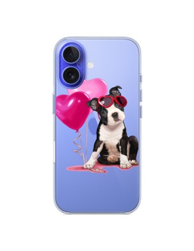 Coque iPhone 16 Chien Dog Ballon Lunettes Coeur Rose Transparente - Maryline Cazenave