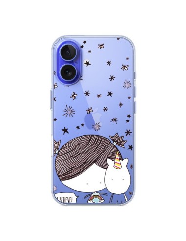 Coque iPhone 16 Petite Fille et Licorne I Believe Transparente - Nico