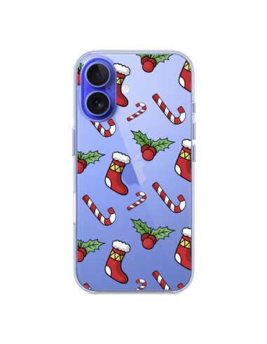 Coque iPhone 16 Chaussette Sucre d'Orge Houx de Noël transparente - Nico