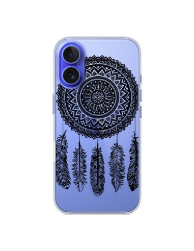 Coque iPhone 16 Mandala attrape rêve noir et blanc transparente - Nico