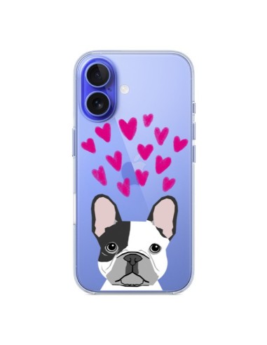 Coque iPhone 16 Bulldog Français Coeurs Chien Transparente - Pet Friendly