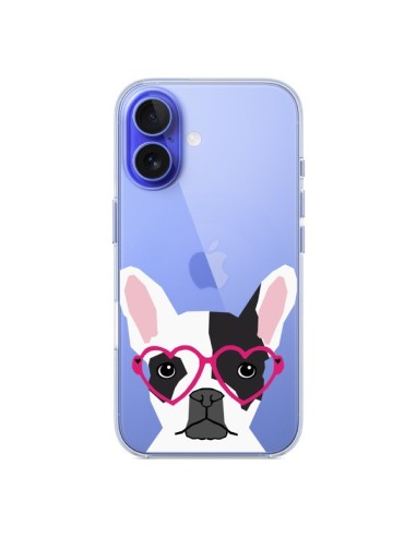 Coque iPhone 16 Bulldog Français Lunettes Coeurs Chien Transparente - Pet Friendly