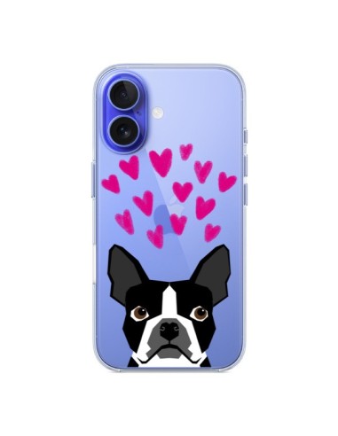 Coque iPhone 16 Boston Terrier Coeurs Chien Transparente - Pet Friendly