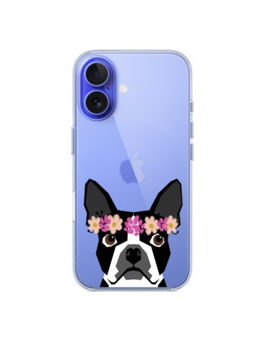 Coque iPhone 16 Boston Terrier Fleurs Chien Transparente - Pet Friendly