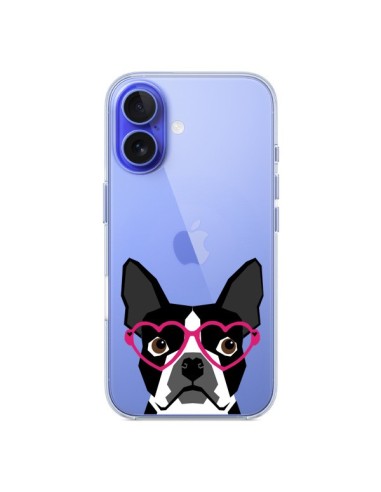 Coque iPhone 16 Boston Terrier Lunettes Coeurs Chien Transparente - Pet Friendly