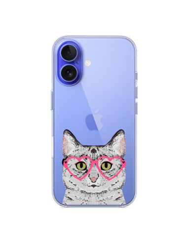 Coque iPhone 16 Chat Gris Lunettes Coeurs Transparente - Pet Friendly