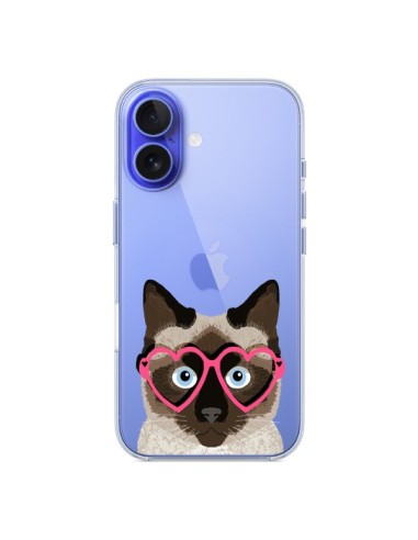 Coque iPhone 16 Chat Marron Lunettes Coeurs Transparente - Pet Friendly