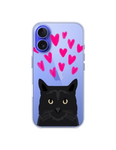 Coque iPhone 16 Chat Noir Coeurs Transparente - Pet Friendly