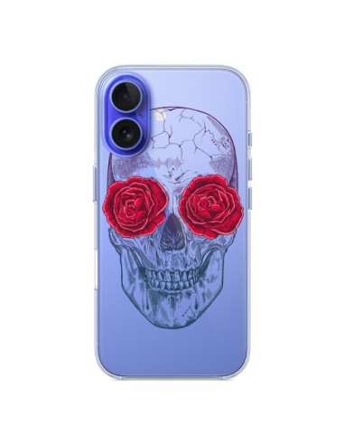 Coque iPhone 16 Tête de Mort Rose Fleurs Transparente - Rachel Caldwell