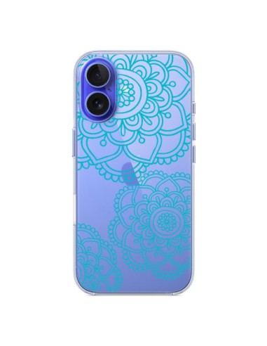 Coque iPhone 16 Mandala Bleu Aqua Doodle Flower Transparente - Sylvia Cook