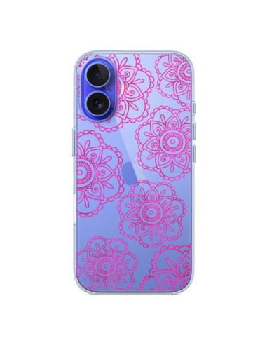 Coque iPhone 16 Pink Doodle Flower Mandala Rose Fleur Transparente - Sylvia Cook