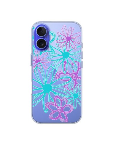 Coque iPhone 16 Turquoise and Purple Flowers Fleurs Violettes Transparente - Sylvia Cook