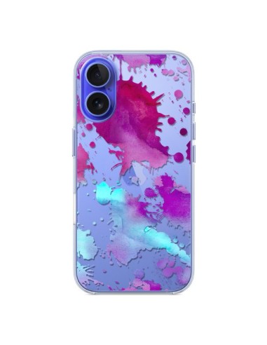 Coque iPhone 16 Watercolor Splash Taches Bleu Violet Transparente - Sylvia Cook