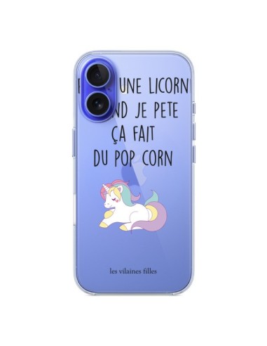 Coque iPhone 16 Je suis une licorne, quand je pète ça fait du pop corn Transparente - Les Vilaines Filles