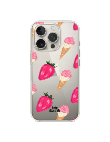 Coque iPhone 16 Pro Strawberry Ice Cream Fraise Glace Transparente - kateillustrate