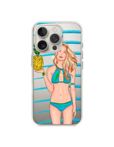 Coque iPhone 16 Pro Malibu Ananas Plage Ete Bleu Transparente - kateillustrate