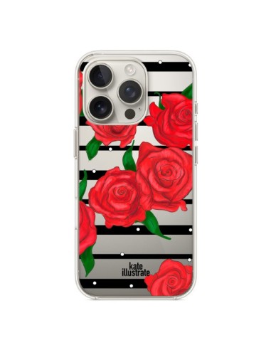 Coque iPhone 16 Pro Red Roses Rouge Fleurs Flowers Transparente - kateillustrate