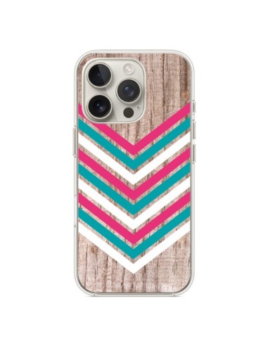 Coque iPhone 16 Pro Tribal Aztèque Bois Wood Flèche Rose Bleu - Laetitia