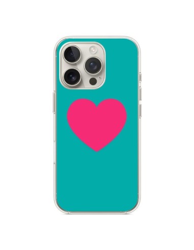 Coque iPhone 16 Pro Coeur Rose Fond Bleu  - Laetitia