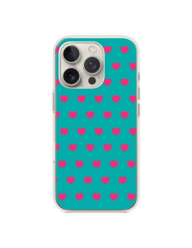 Coque iPhone 16 Pro Coeurs Roses Fond Bleu - Laetitia