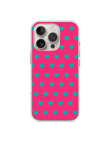 Coque iPhone 16 Pro Coeurs Bleus Fond Rose - Laetitia