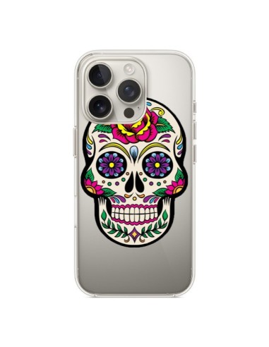 Coque iPhone 16 Pro Tête de Mort Mexicaine Fleurs Transparente - Laetitia