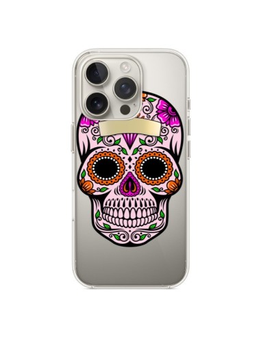 Coque iPhone 16 Pro Tête de Mort Mexicaine Noir Rose Transparente - Laetitia