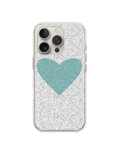 Coque iPhone 16 Pro Coeur Bleu Vert Argent Love - Mary Nesrala