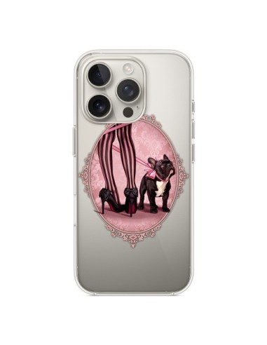 Coque iPhone 16 Pro Lady Jambes Chien Bulldog Dog Rose Pois Noir Transparente - Maryline Cazenave