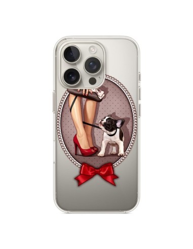 Coque iPhone 16 Pro Lady Jambes Chien Bulldog Dog Pois Noeud Papillon Transparente - Maryline Cazenave