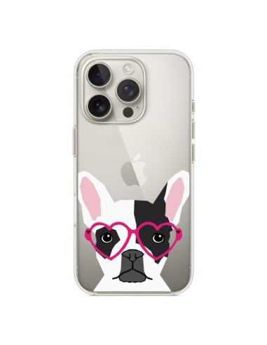 Coque iPhone 16 Pro Bulldog Français Lunettes Coeurs Chien Transparente - Pet Friendly