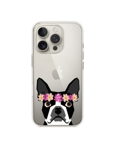 Coque iPhone 16 Pro Boston Terrier Fleurs Chien Transparente - Pet Friendly