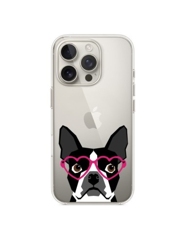 Coque iPhone 16 Pro Boston Terrier Lunettes Coeurs Chien Transparente - Pet Friendly